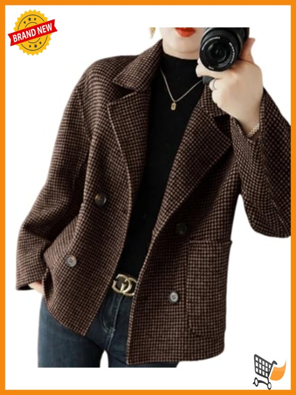Cropped Wool Pea Coat Women's Double Breasted Houndstooth Blazer Jacket